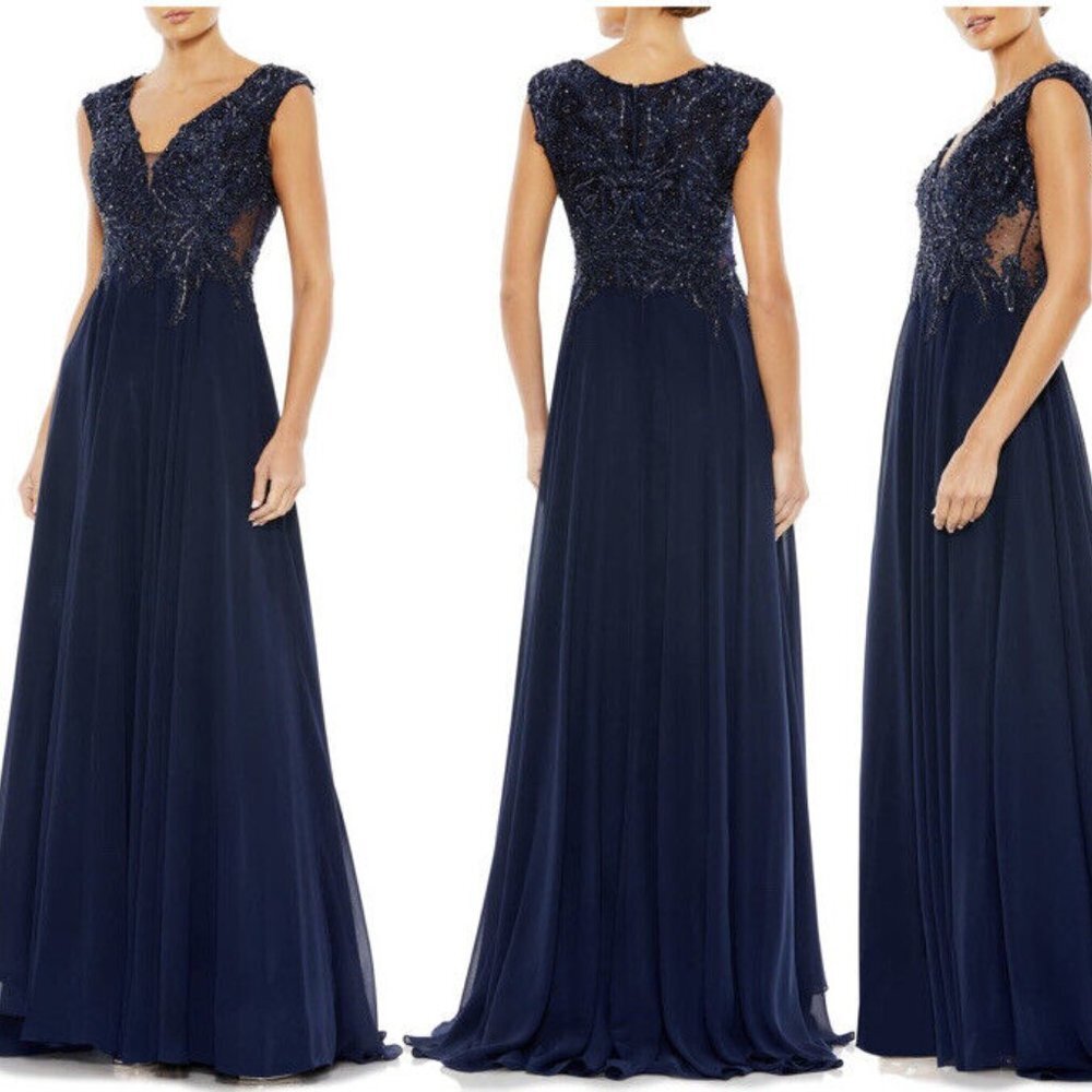 Mac Duggal Vintage Navy Blue Beaded Rhinestone Embellished Gown